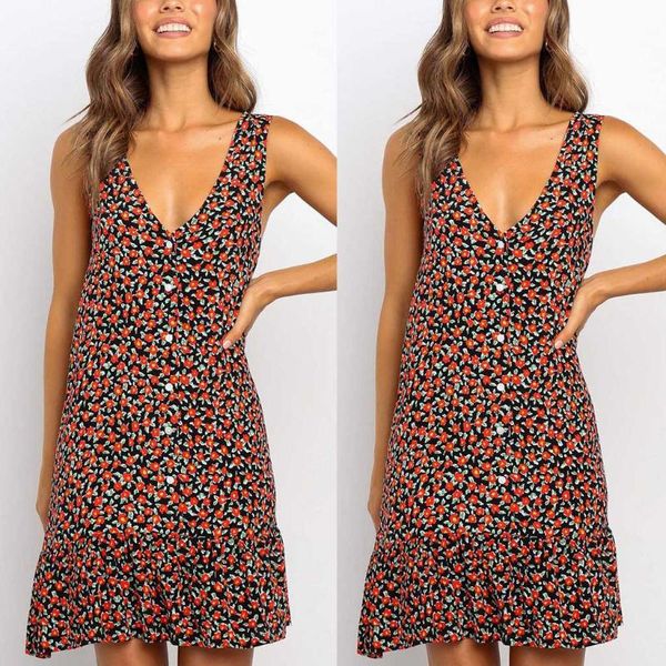

casual beach dresses for women 2021 deep v neck floral print ruffle summer dress boho sleeveless a line party mini, Black;gray