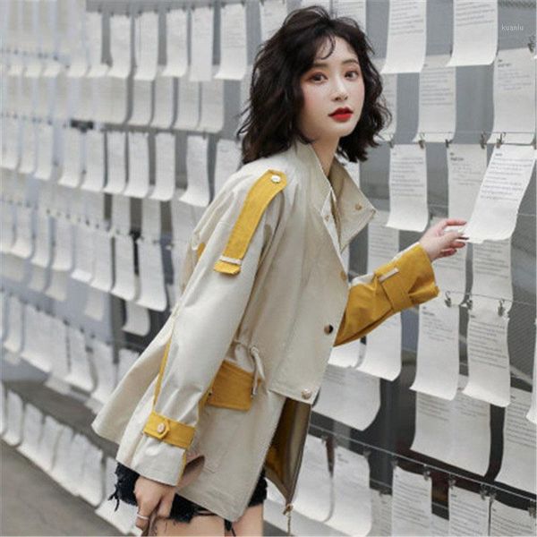 

women's trench coats vintage tooling windbreaker female 2021 spring autumn clothing stand collar korean stitching waist coat m520, Tan;black
