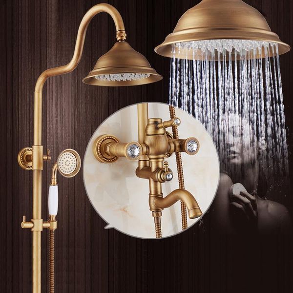 

wholesale and retail promotion luxury antique brass shower faucet rain head+tub + hand bathroom sets