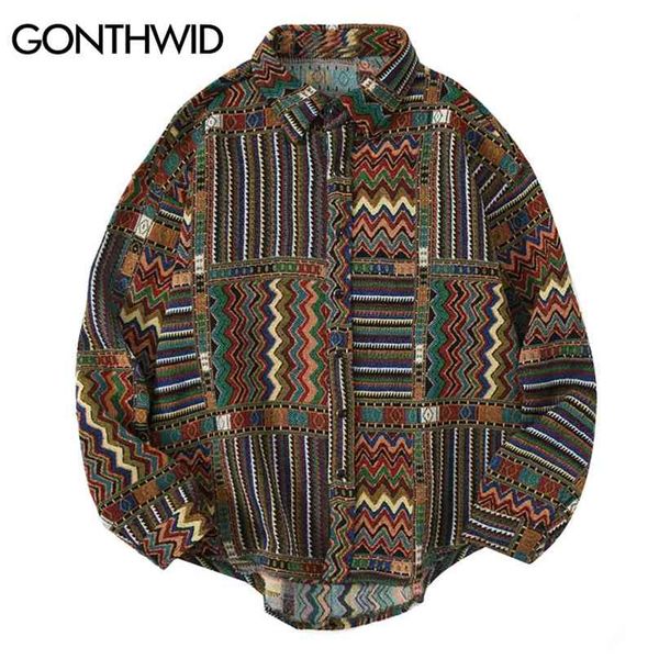

gonthwid national style color block geometric pattern long sleeve tees shirts streetwear hip hop harajuku casual loose shirt 210626, White;black