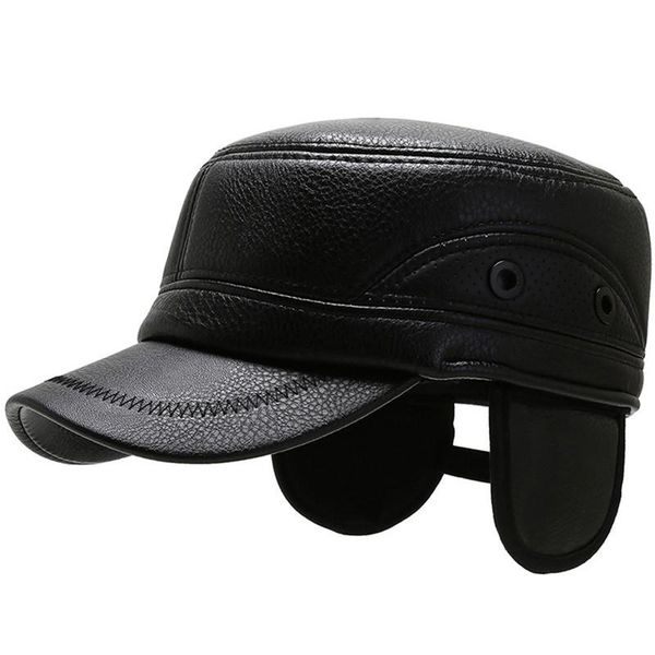 

berets winter hat men warm thicken pu military hats for man flat snapback with ear flaps, Blue;gray
