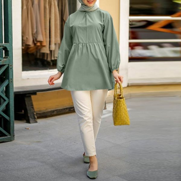 

women's polos loose islam clothing blusas women spring retro puff sleeve blouses crew neck blouse casual baggy solid tunic fe, White