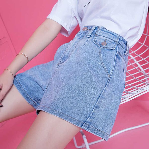 

female denim shorts 2021 spring loose thin slim wide leg pants high waist a-line, Blue