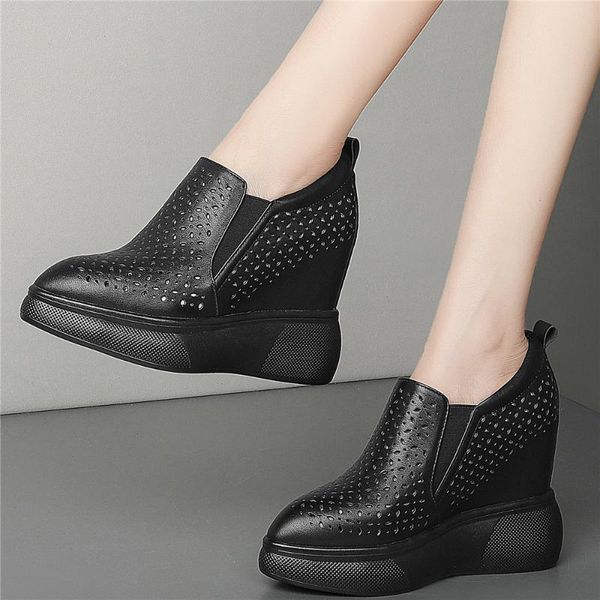 

summer fashion sneakers women genuine leather wedges high heel pumps shoes female pointed toe platform ankle boots casual dress, Black