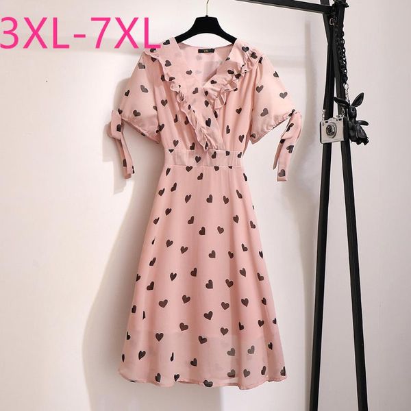

plus size dresses 2021 summer for women large short sleeve loose pink print ruffle v-neck chiffon dress 3xl 4xl 5xl 6xl 7xl