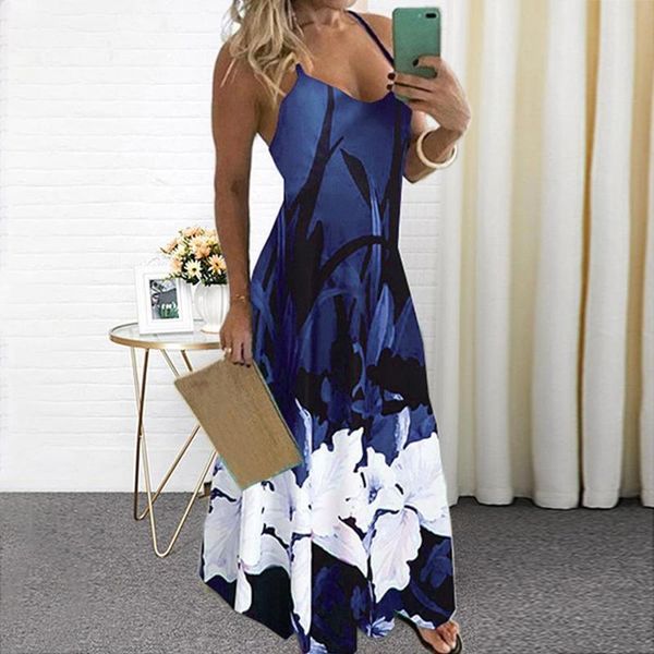 

women slim flower print dress spaghetti strap sleeveless ladies elegant maxi summer party long vestidos 2021 casual dresses, Black;gray