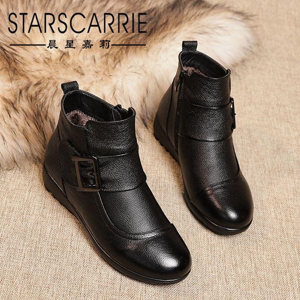 

boots cow leather mother shoes warm cotton 2021 winter flat non-slip middle-aged and elderly women's, Black
