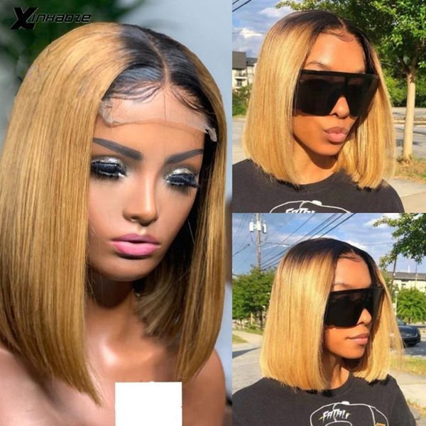 

honey blonde ombre straight short bob wig brazilian human hair part lace 13x6x1 t remy with baby1, Black;brown
