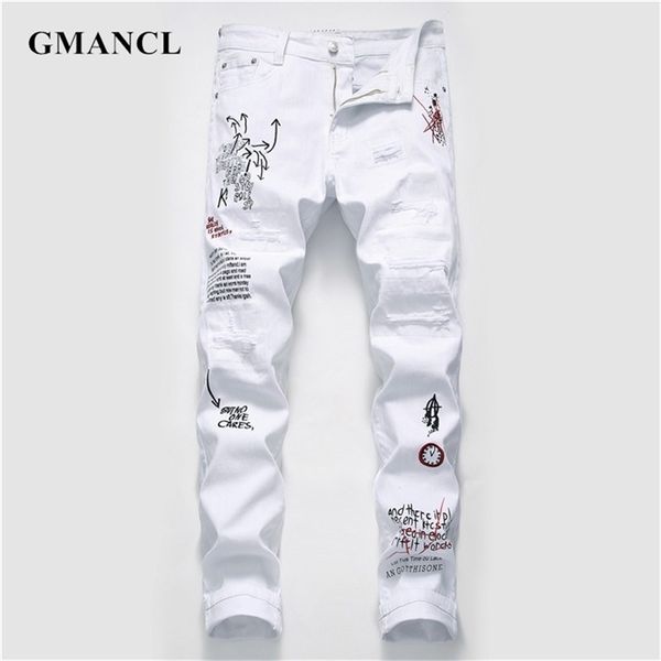 

men streetwear personality ripped printed white skinny jeans hip hop punk casual motorcycle stretch denim jeans trousers 210716, Blue