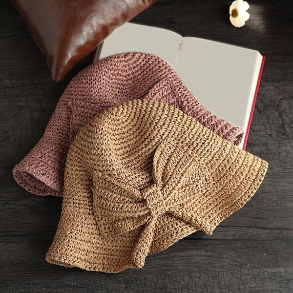 

wide brim hats bowknot straw hat female summer shade solid color foldable japanese literary holiday beach, Blue;gray