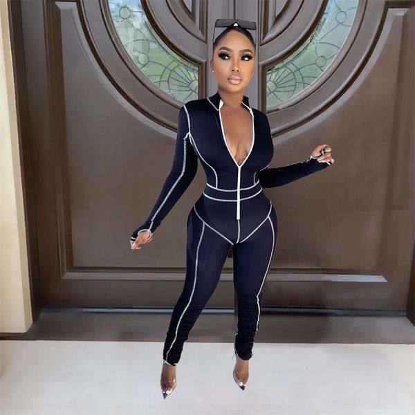 

2021 solid color long sleeve slim pants women's fall winter zipper sports jumpsuit, White;black