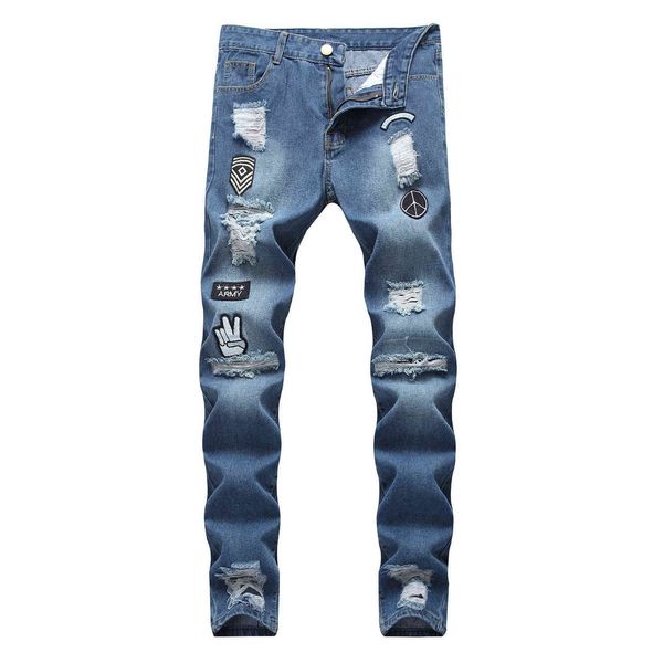

men's jeans small fashion knee zipper small foot hole men's jeans, Blue