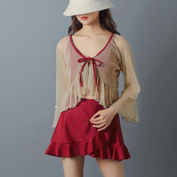 

one piece swim suits swimming suit for women dress korean plus size bikinis 2021 fairy swimsuit with skirt closed red one-piece