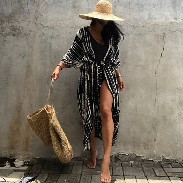 

black and white stripe cardigans for women tie dye cotton kimono with detachable belt versatile effortless loose flowy airycoats women', Tan;black