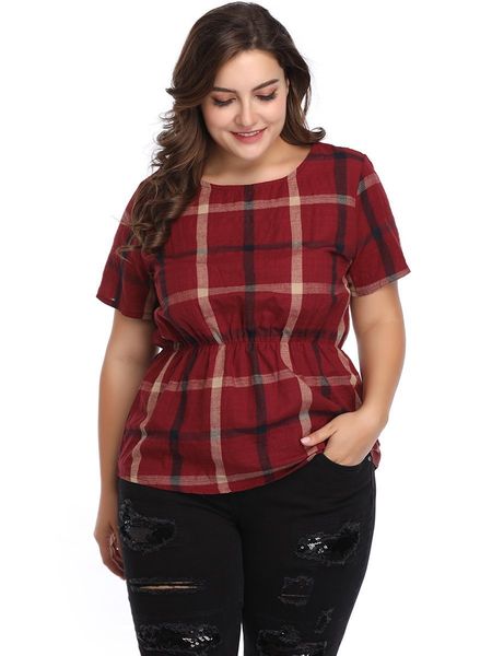 

Plus size Dresses Hy3044 Large Plaid Waist Top T-shirt Urban Leisure Fashion Wear, Maroon