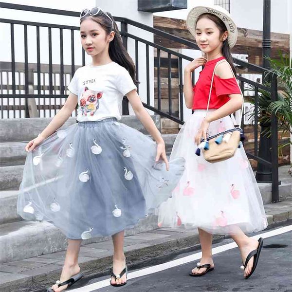 

girl skirts children summer chiffon princess costume embroidery ball gowns for kids teenage clothes swan pattern long skirt 210622, Blue