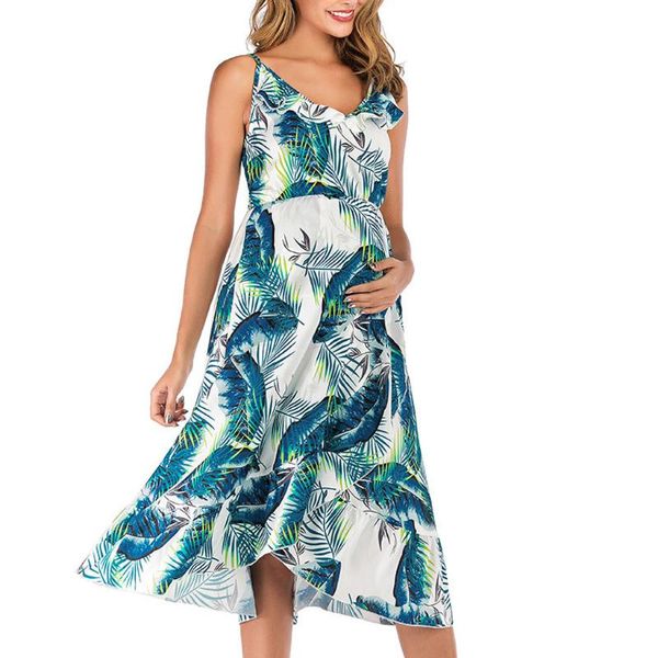 

maternity dresses 2021 sleeveless summer long dress pregnancy cotton blend printing flower fashion belt v-neck pregnant clothes, White