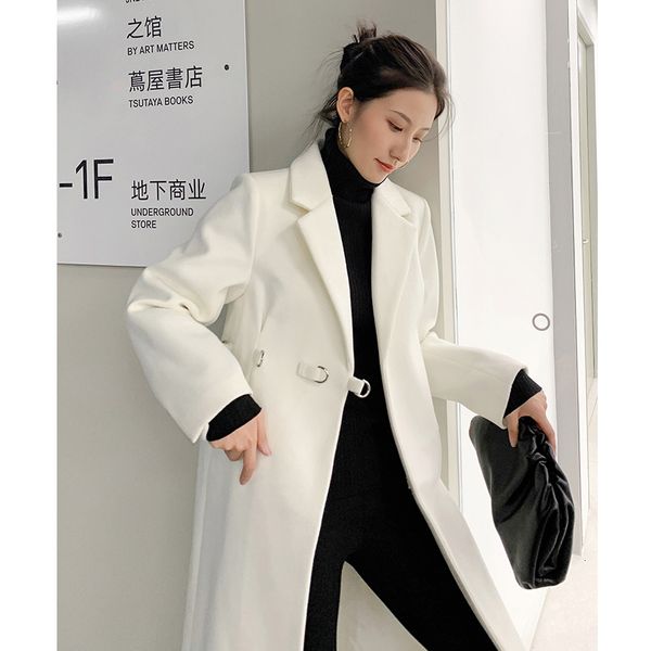 

blends woolen winter women thin white wool coat ladies fashion clothes, Black