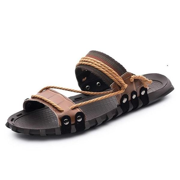 

slippers size 38-47 men women genuine leather soft comfortable summer open toed beach sandals outdoor gladiator shoes, Black
