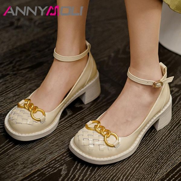 

annymoli women ankle strap pumps real leather block heels shoes round toe metal decoration dress shoes high heel footwear 2021, Black