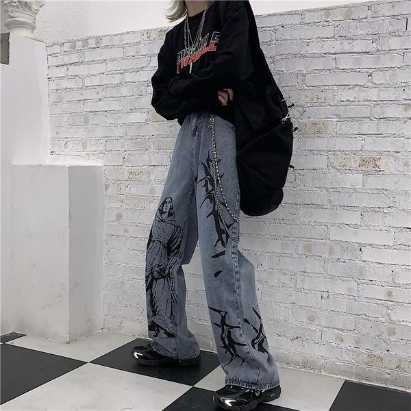 

summer fashion ins street hip-hop printing wash jeans loose casual denim wide leg pants tide woman women's, Blue
