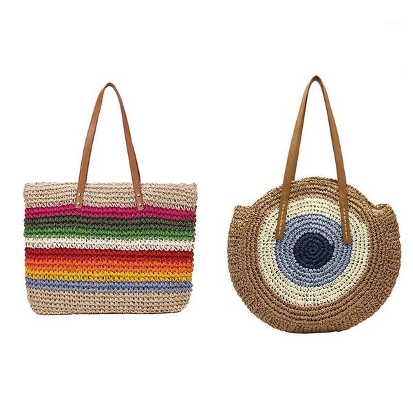 

evening bags 2 pcs fashion lady handbag beach rainbow shoulder korean version of the trend straw bag color & brown1