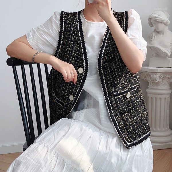 

small fragrance vest women's autumn 2021 korean tweed jacket 1009 vests, Black;white