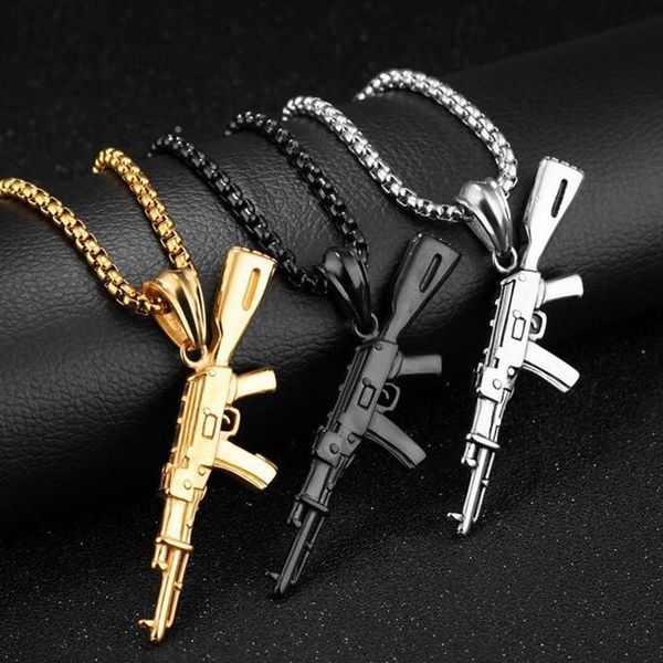 

pendant necklaces 60cm chain rifle machine submachine gun sniper necklace for men male personality temperament jewelry, Silver