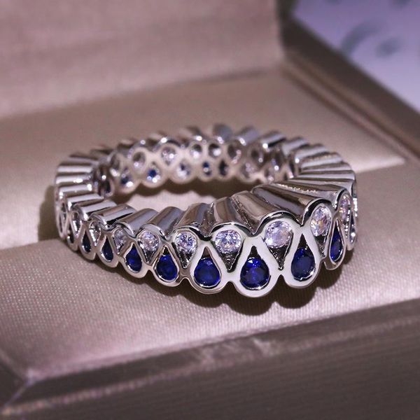 

cluster rings retro geometric twisted circle blue zircon ladies ring 925 silver wedding jewelry unique shape sterling, Golden;silver