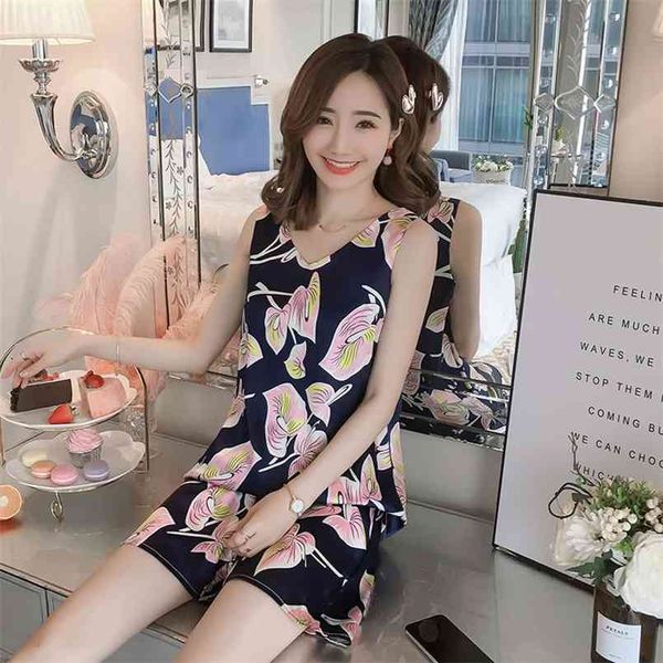 

summer pajamas ladies silk vest shorts two-piece cute student loose casual satin fashion home service 210809, Black;red