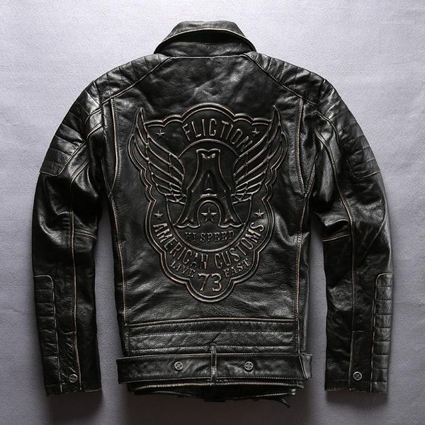 

men's leather & faux 2021 classic genuine male spring autumn skulls vintage moto thick soft cowhide coat large size black jacket