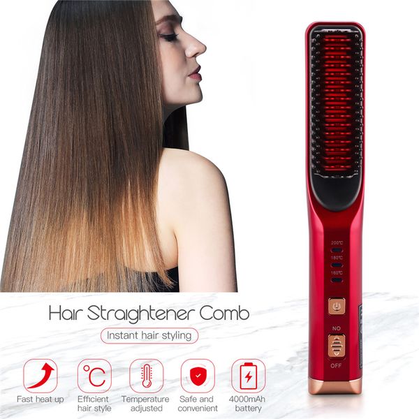 Cabelo Recarregável Endireitamento de Ferro Controle de Temperatura Elétrica Cabelo Escova Alisador Pente Curling Brush Styling Penteado