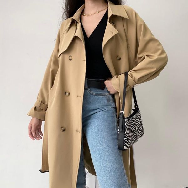 

women's trench coats long coatwomengaga fashion british style double breasted coat for women solid color sashes classic zlvb, Tan;black