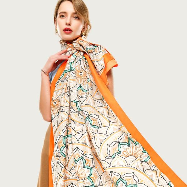 

scarves vintage floral silk long scarf women print pattern foulard large shawl female travel stole [3388], Blue;gray