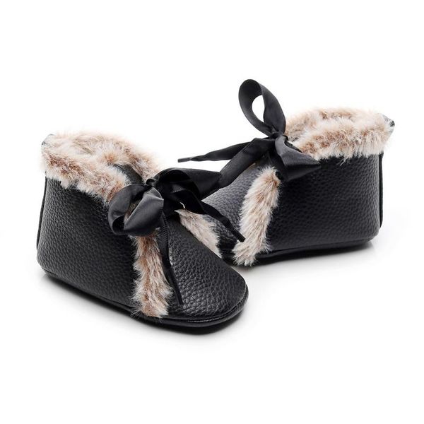 

first walkers baby girl pu high- sneaker\ anti-slip with velvet winter warm toddler infant crib shoes bownot tie