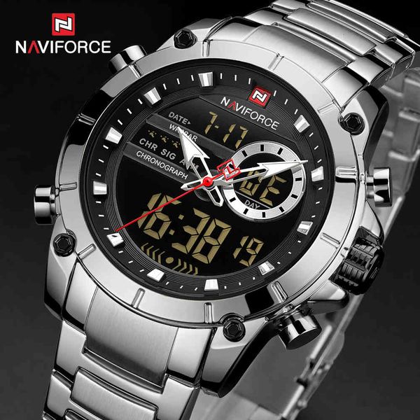 

watches naviforce silver stainless steel men army military dual display quartz led clock male waterproof relogio masculino 9163, Slivery;brown