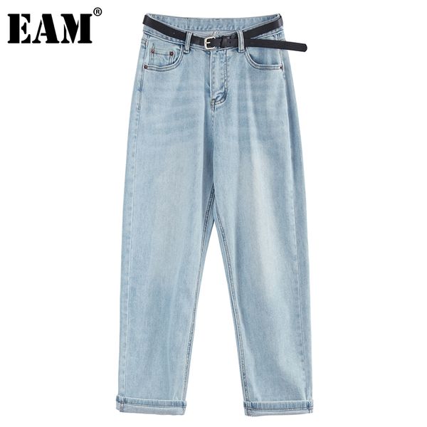 

[eam] high waist long blue denim belt casual wide leg jeans loose women trousers fashion spring autumn 1dd7867 21512
