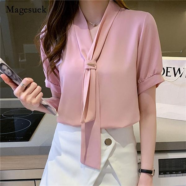

women's blouses & shirts fashion summer chiffon blouse white women v neck short sleeve female clothing with tie 2021 blusas mujer 1506