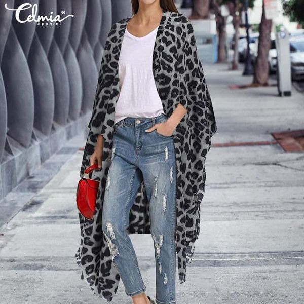 

women's blouses & shirts long kimono celmia vintage leopard print cardigan women summer sleeve casual beach cover up plus size, White
