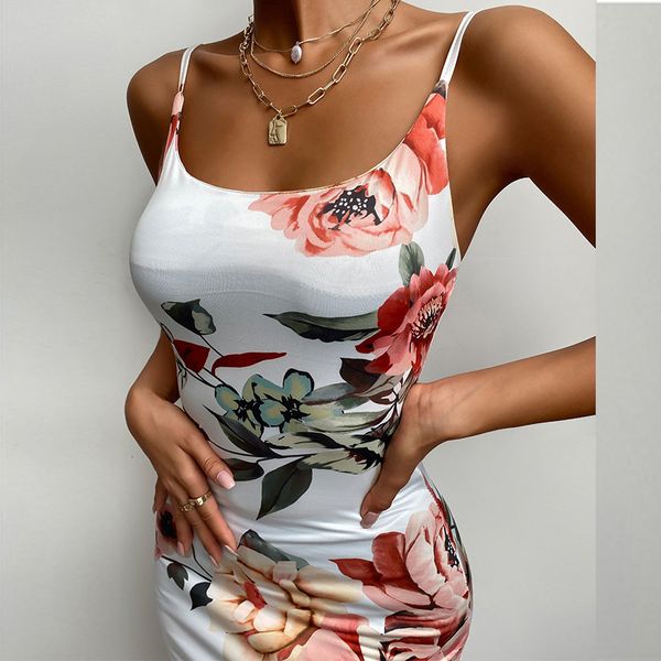 Frauen Mode Blume Gedruckt Suspension Kleid Maxi es für Sexy Sommer Spaghetti Strap Bodycon 210521