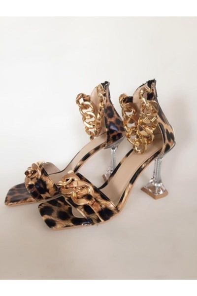 

sandals women's brown leopard chain accessories, Black