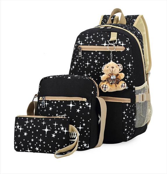 

3pcs set women backpack school bags star printing cute backpacks with bear for teenagers girls travel bag rucksacks mochila