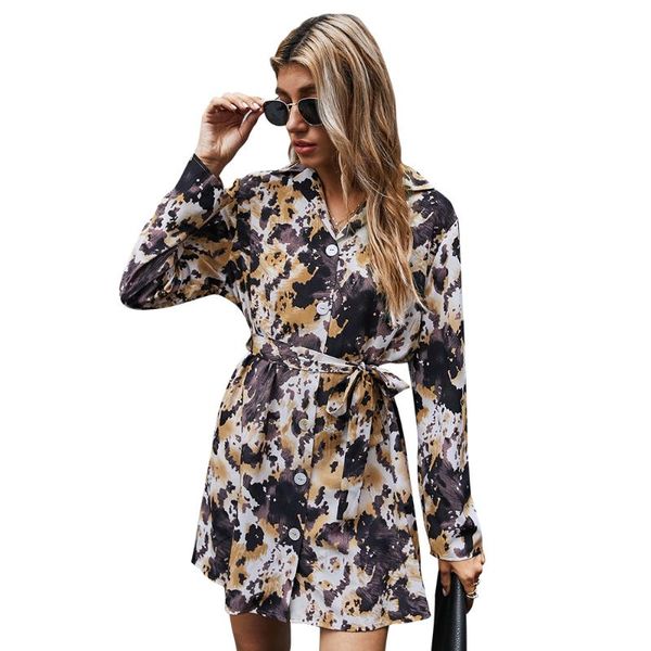 

women front button sashes printed a line casual mini dress long sleeve turn down collar elegant 2021 spring fashion dresses, Black;gray