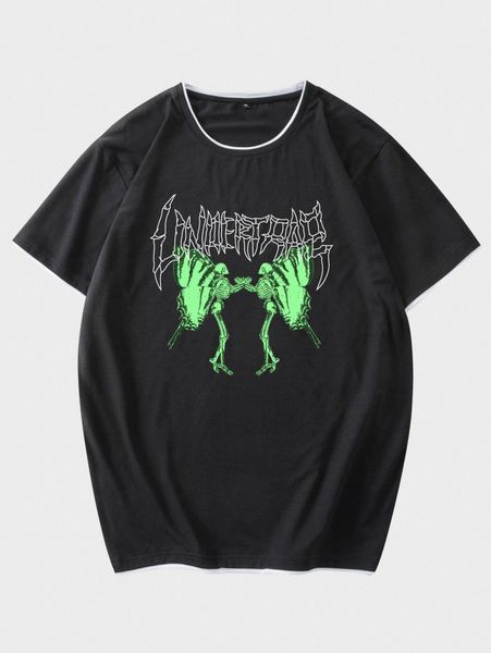 

men butterfly & skeleton print contrast trim tee j6ec#, White;black