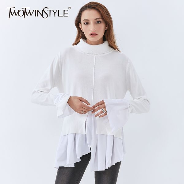 

patchwork casual sweater for women turtleneck flare sleeve side split white knitted pullover female fall 210524, White;black