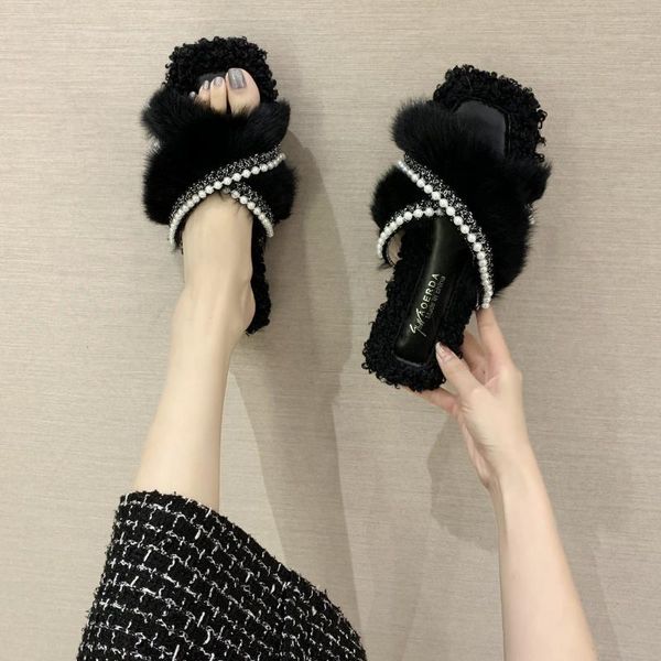 

slippers flock low sewing basic fabric hoof heels rubber, Black