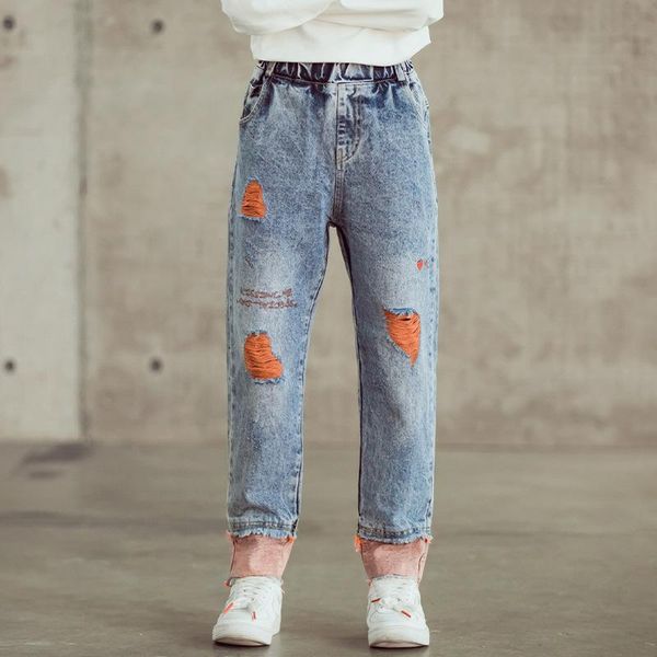 

jeans yourseason children broken hole trousers kids denim girls cotton loose pants for teenage school girl korean baby ripped, Blue