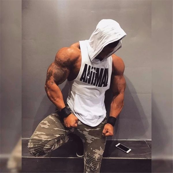 

new men bodybuilding cotton tank gyms fitness hooded vest sleeveless hoodie casual fashion mens workout clothing, White;black