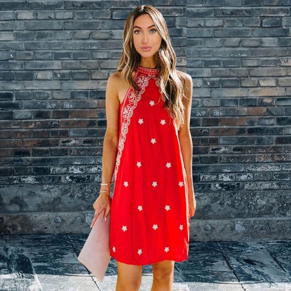 

casual dresses women summer beach mini sundress ladies sleeveless swing boho short dress 2021 female halter dresses#w3, Black;gray