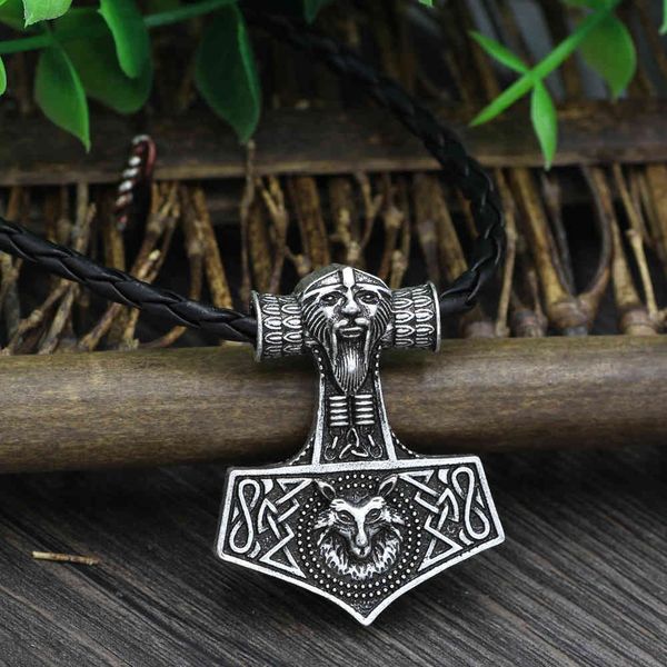 

nordic viking odin portrait wolf head necklace trendy men's pendant, Silver